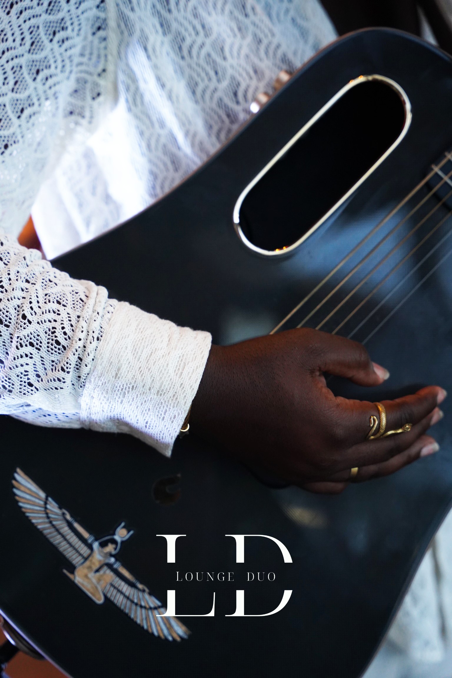 Detail of LoungeDuo's signature guitar