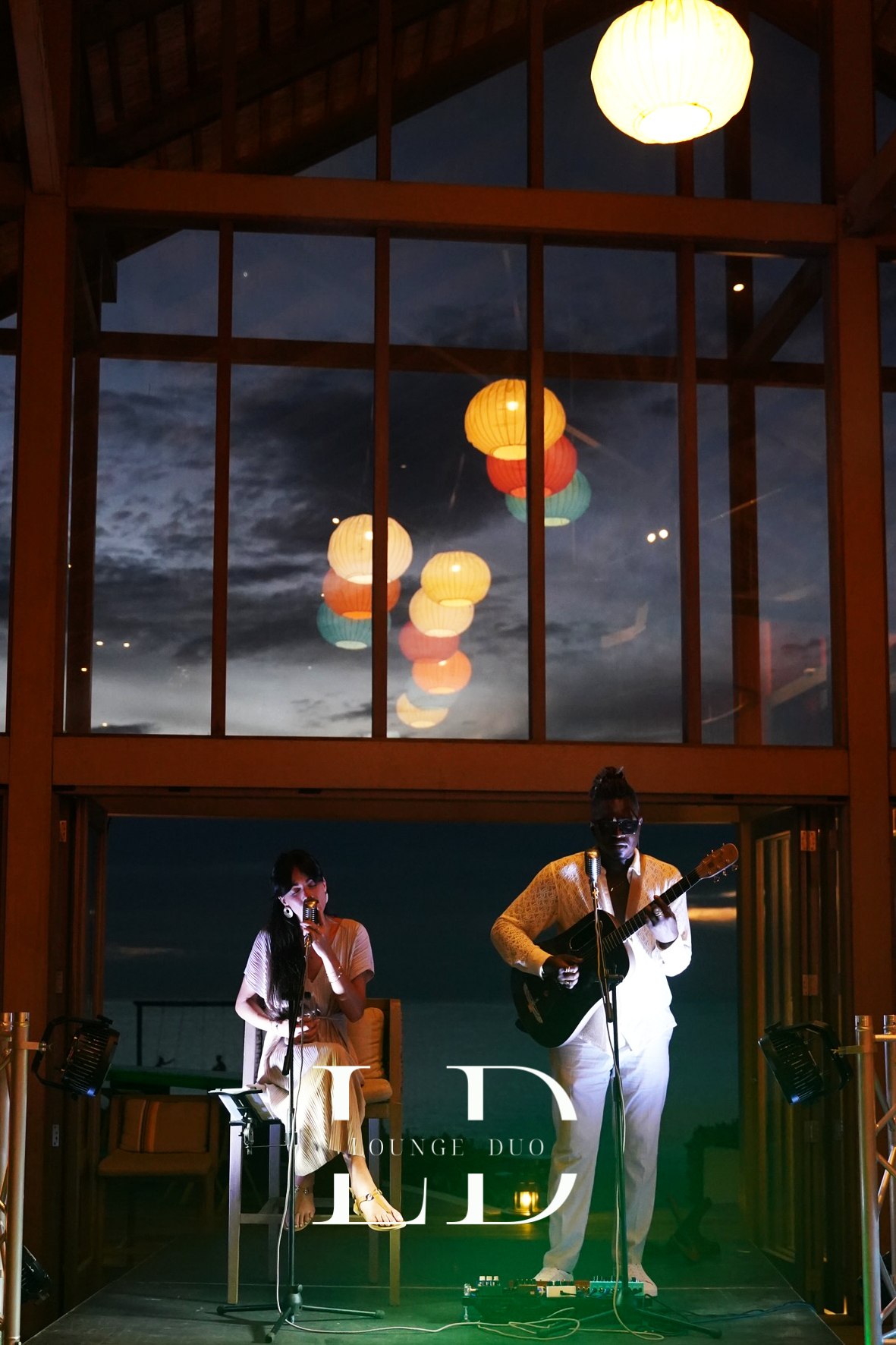 LoungeDuo performing at a resort in the Maldives
